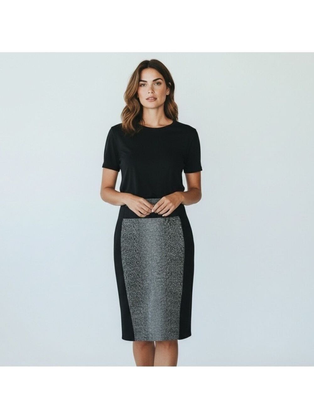 VINTAGE Adrienne Vittadini black midi skirt grey animal print back split Size 12